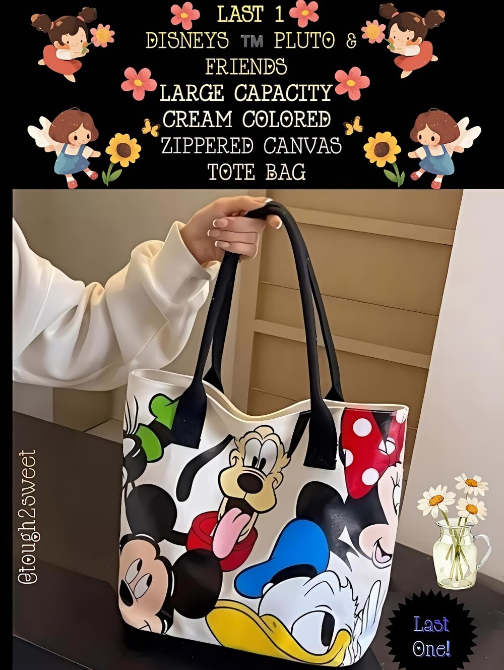 🆕️LAST 1❤️DISNEYS PLUTO & FRIENDS LARGE CAPACITY CREAM ZIPPERED CANVAS TOTE BAG